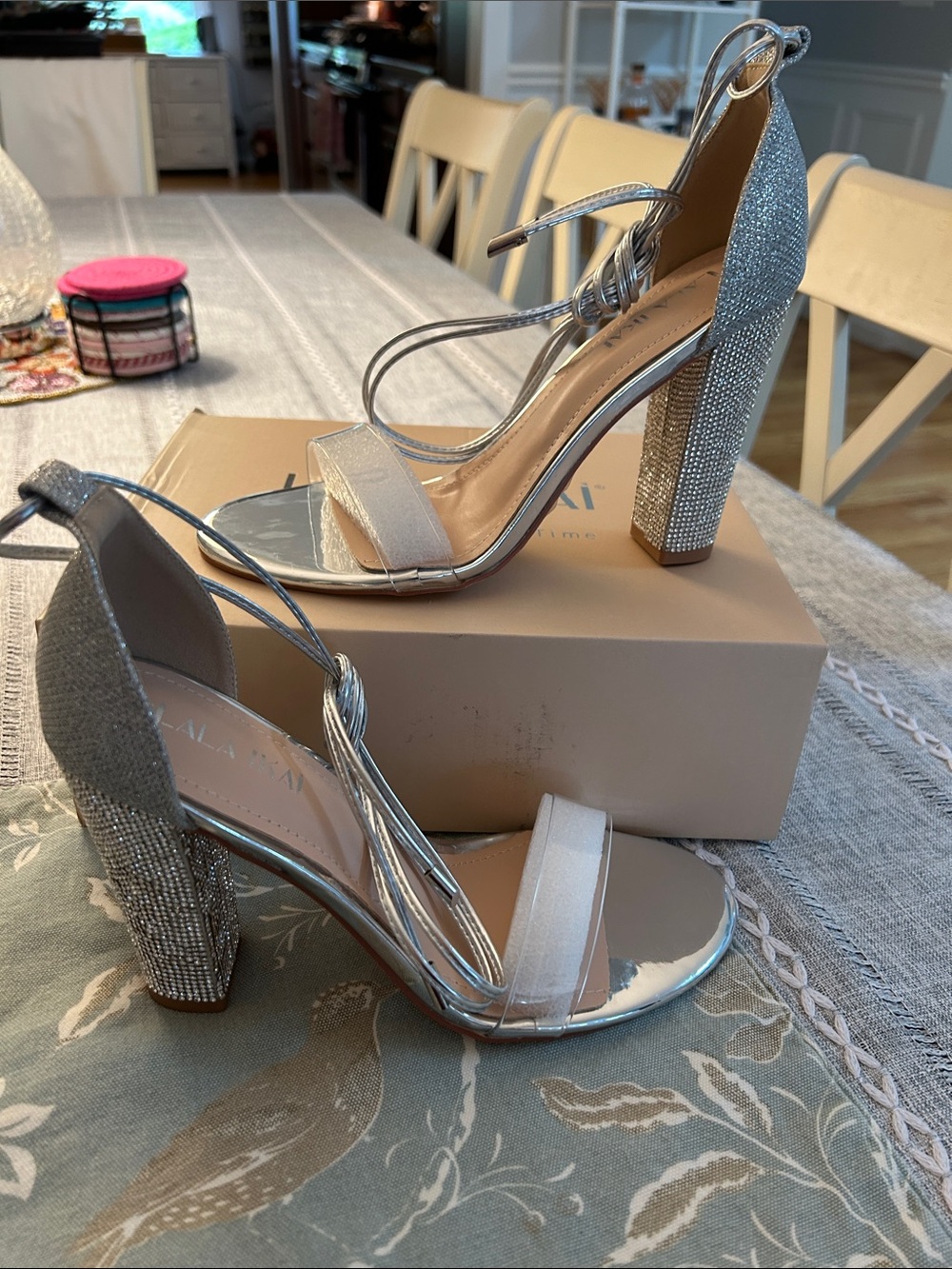 Silver Glitter Block-Heel Ankle Wrap Sandals